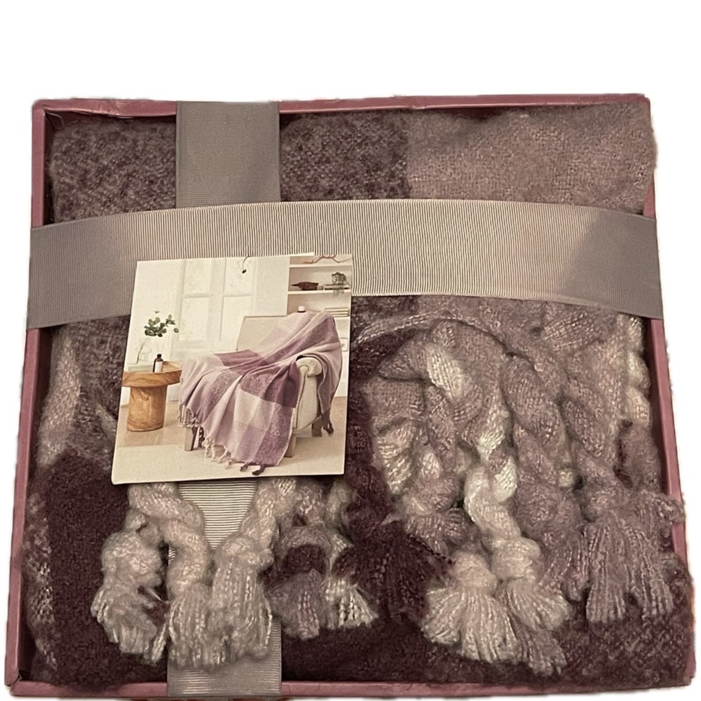 NWT Highline Bedding Co 50”x 60” Purple Plaid Knit Throw Blanket Braided Tassels